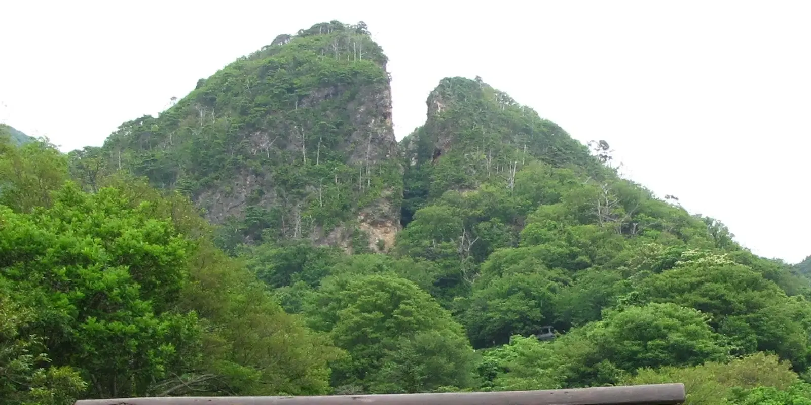 The split peak of Doyu no Warito, the open-pit gold vein at Sado Gold Mine, seen through the surrounding forest