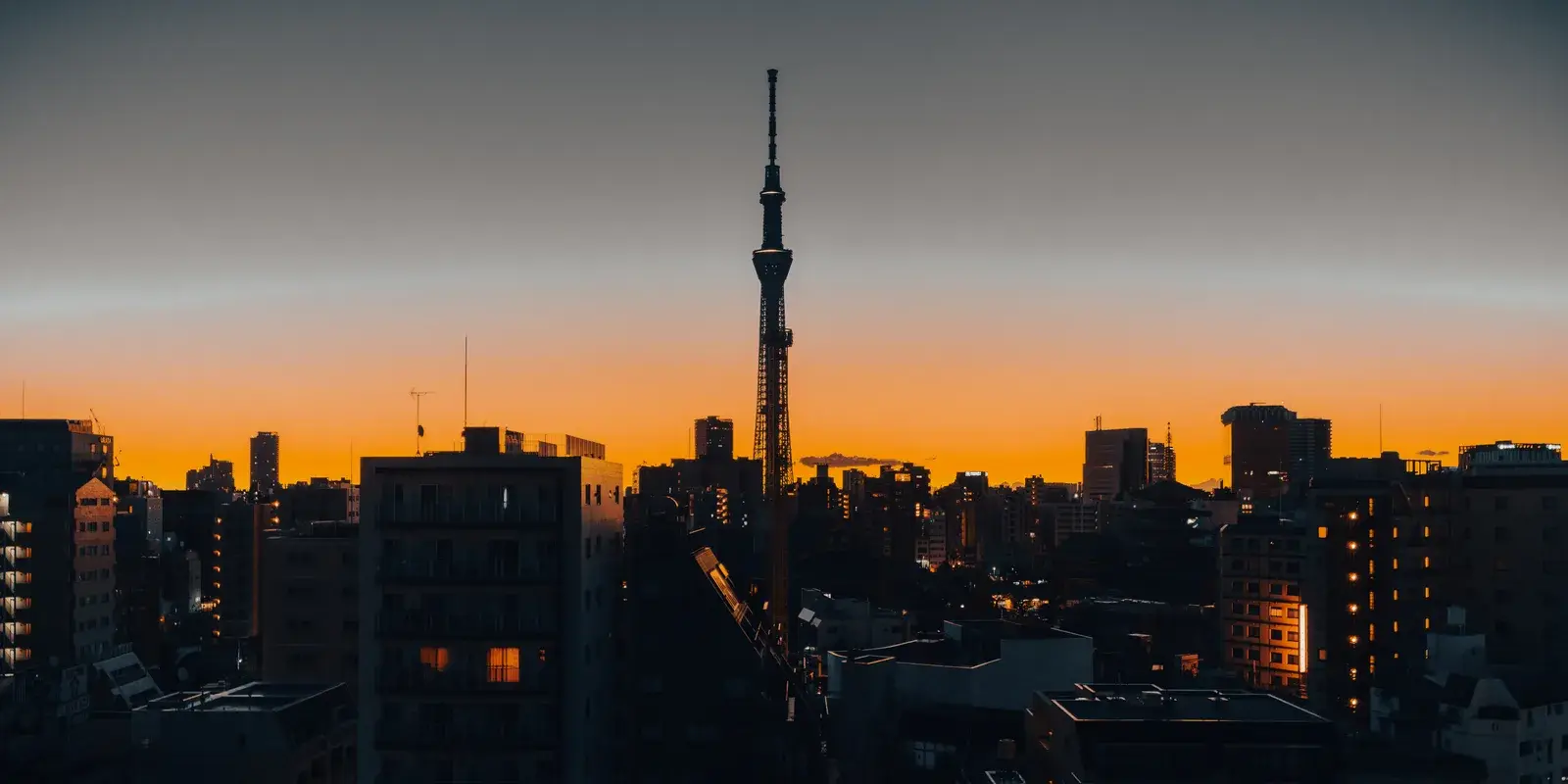 Tokyo Skytree silhouetted against a fading orange sky at dusk, rising above the rooftops of Tokyo