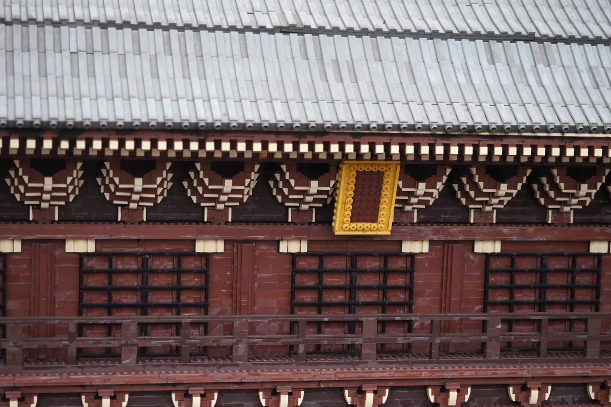 A detailed LEGO-brick recreation of a Japanese temple building on display at LEGOLAND Japan's Miniland