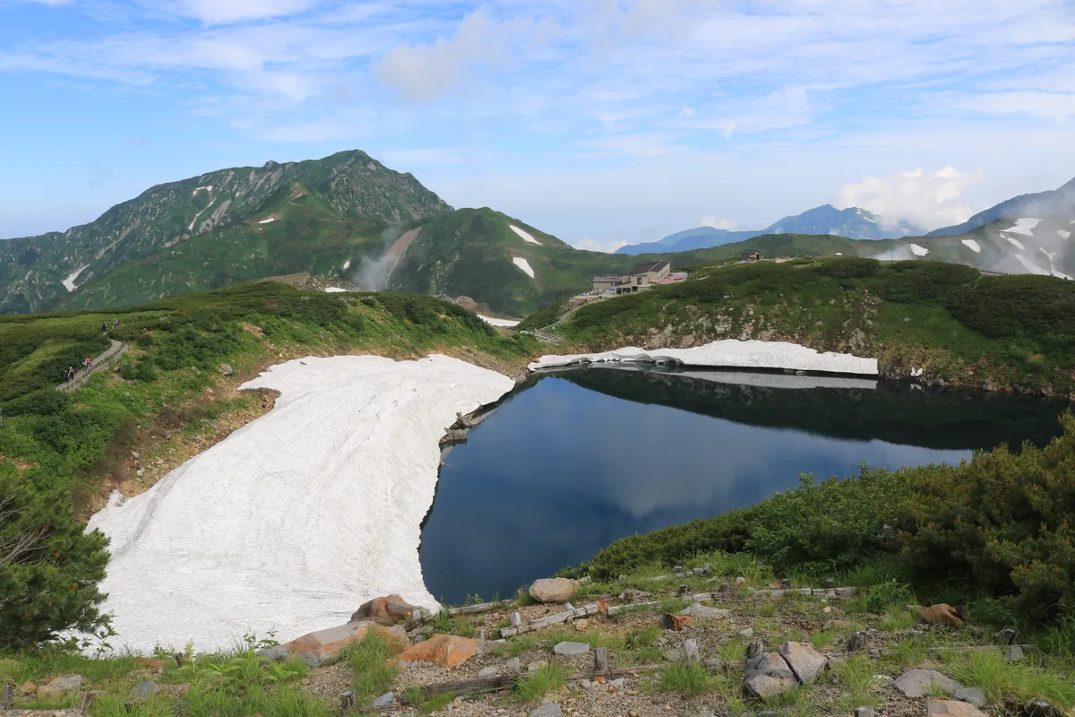 Mikuriga-ike, a still, dark alpine pond with a snow patch and green summer mountains reflected in its surface near Murodo