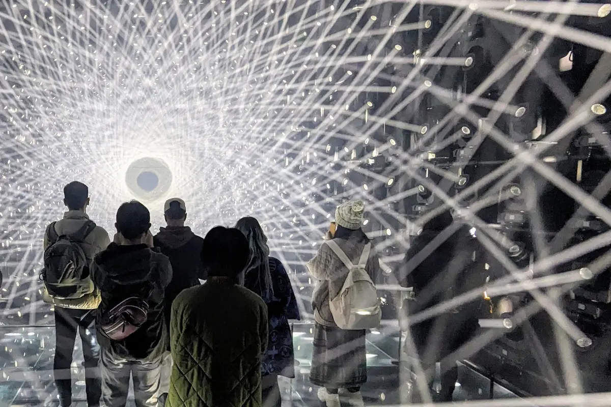 Visitors standing with their backs to the camera inside a room of crossing light lines at teamLab Borderless in Azabudai Hills, Tokyo