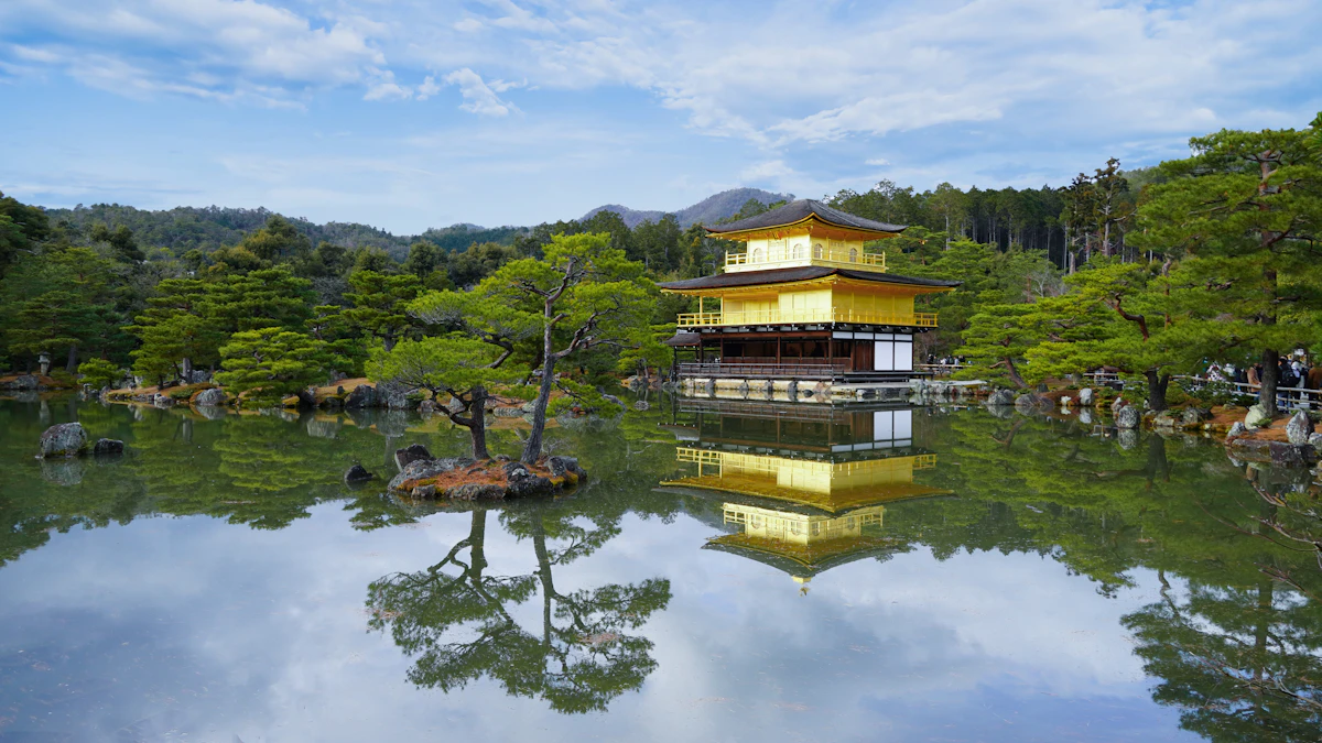 Kinkaku-ji, the Golden Pavilion, reflected in a still pond in Kyoto