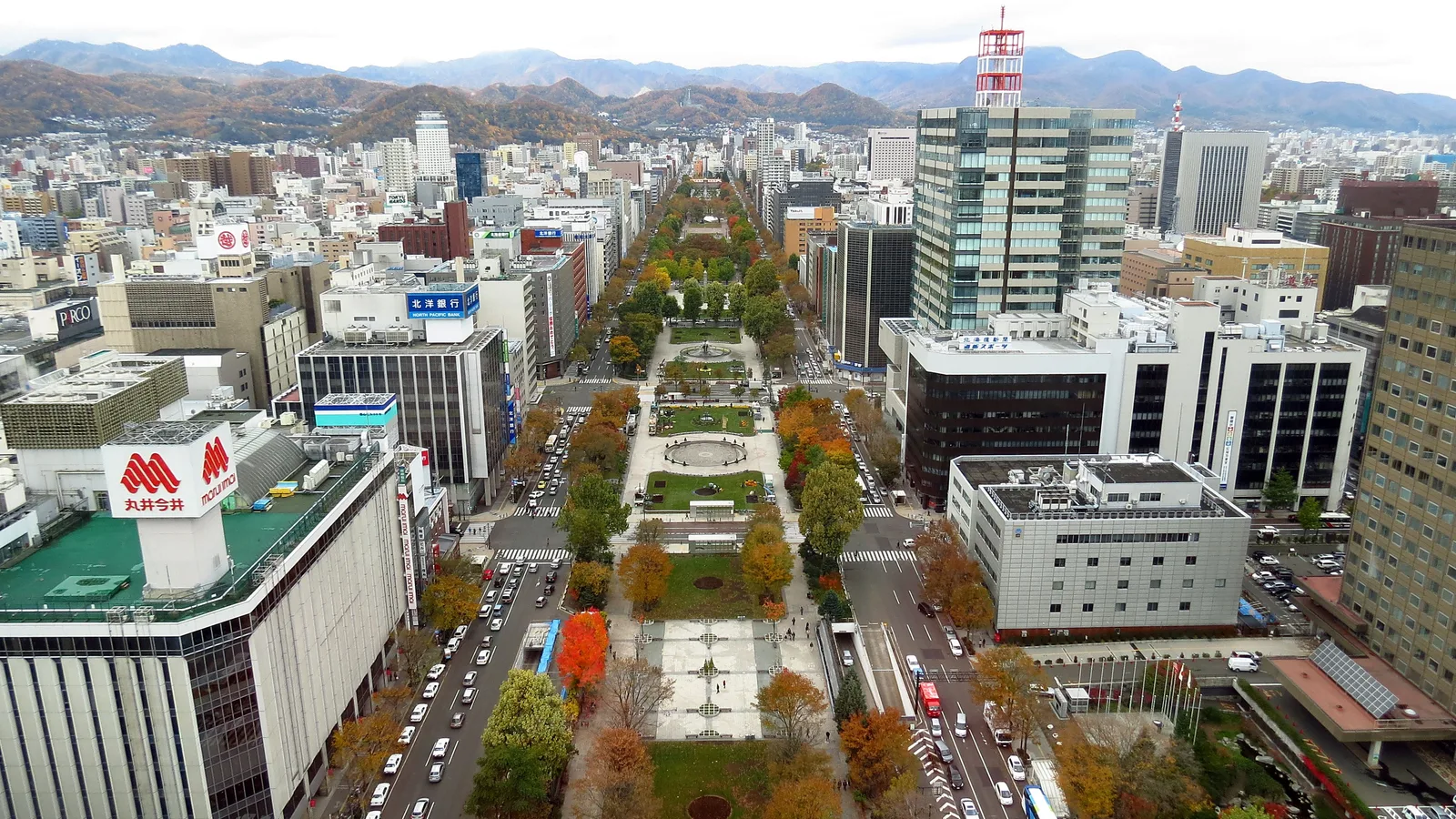 Odori Park running arrow-straight through the center of Sapporo, the TV Tower rising at its eastern end above the green and the city blocks