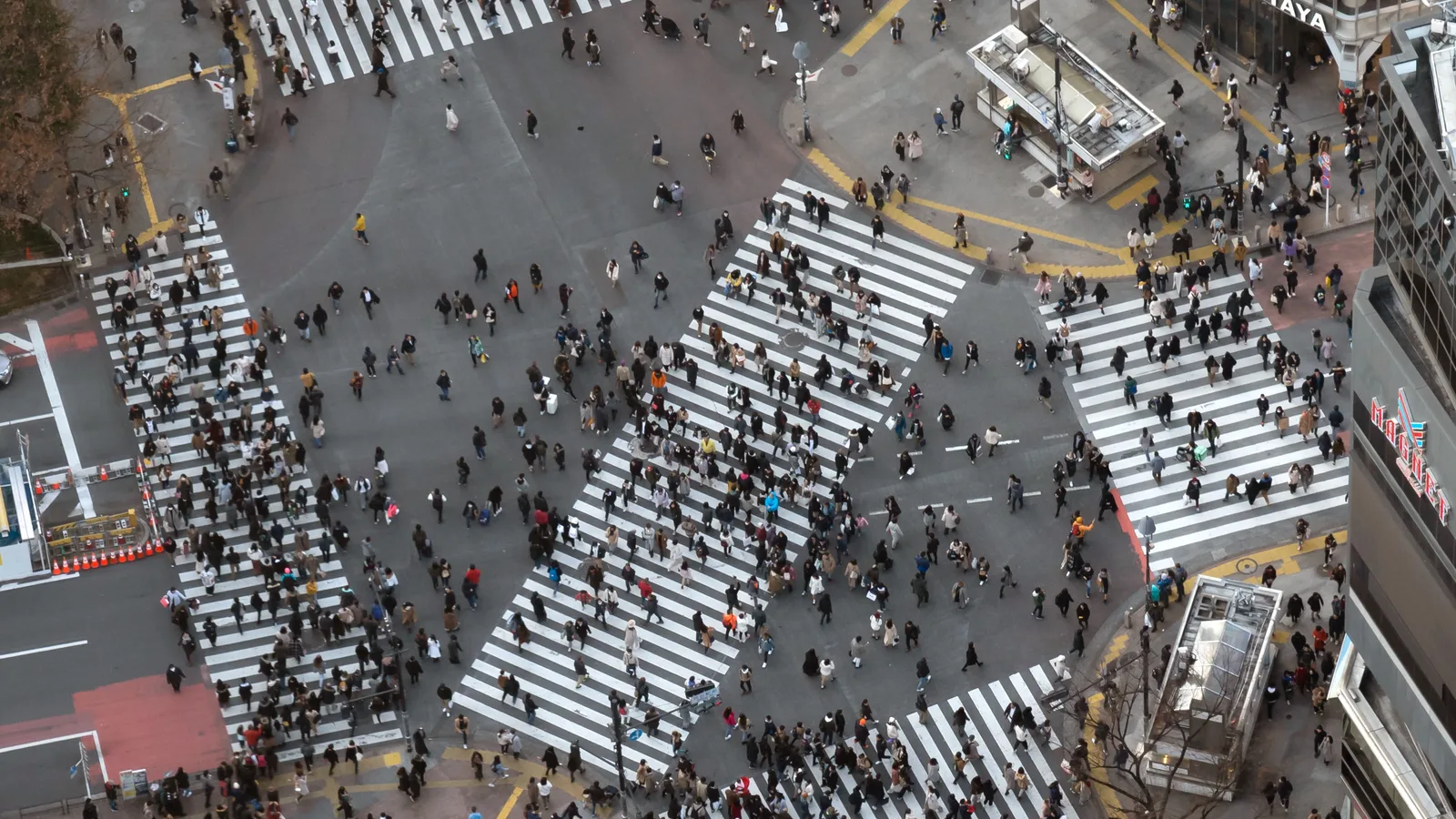 The Shibuya Scramble Crossing seen from above at dusk