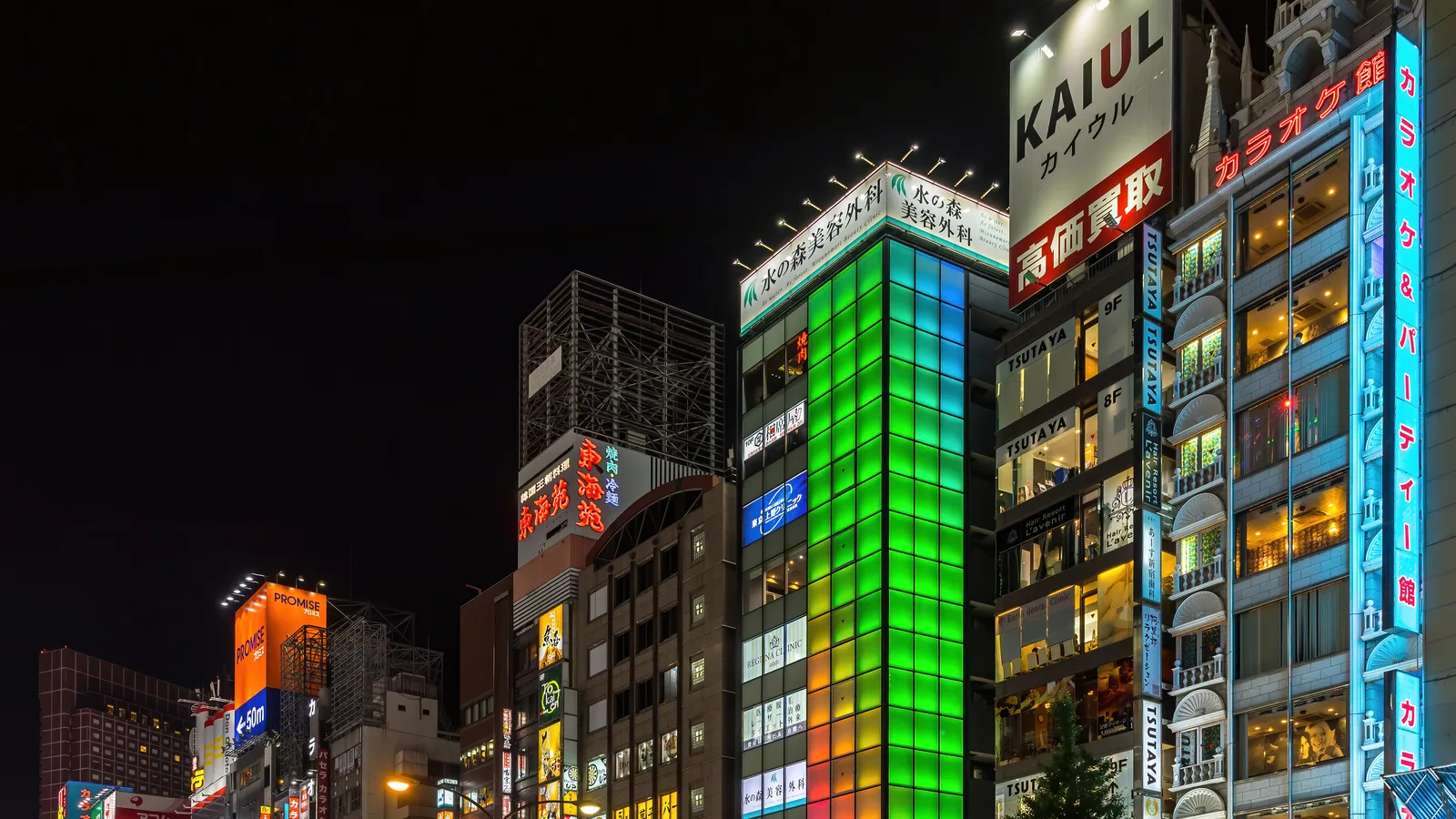The neon-lit facades of Kabukicho at night in Shinjuku