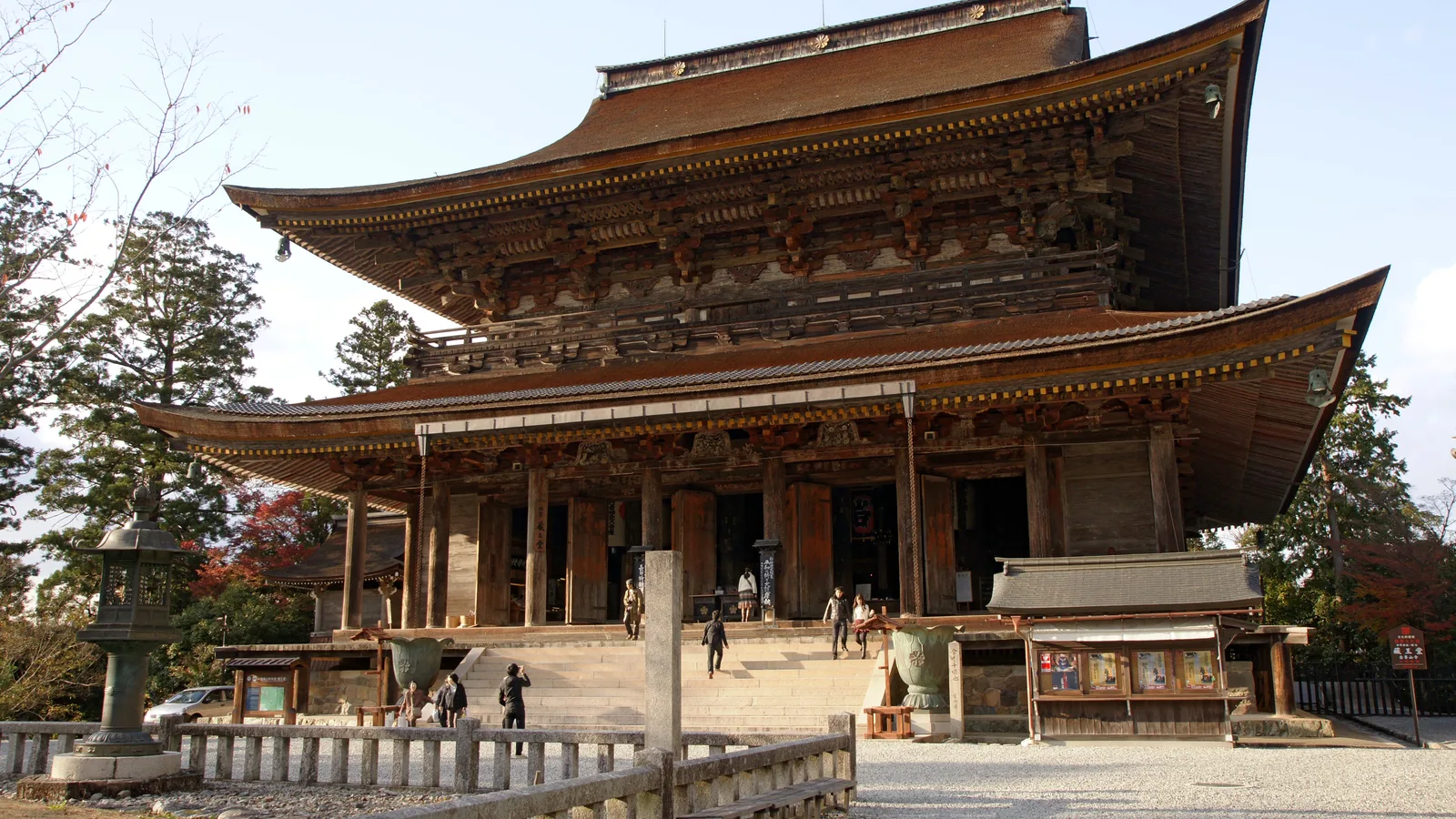 The great wooden Zaodo hall of Kinpusen-ji rising among the cherry trees on Mount Yoshino