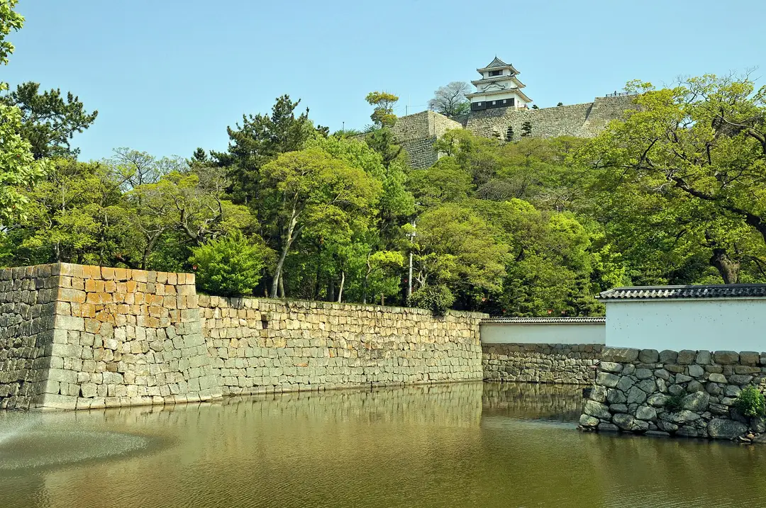 Marugame Castle's small keep on its hill above the stone ramparts and moat