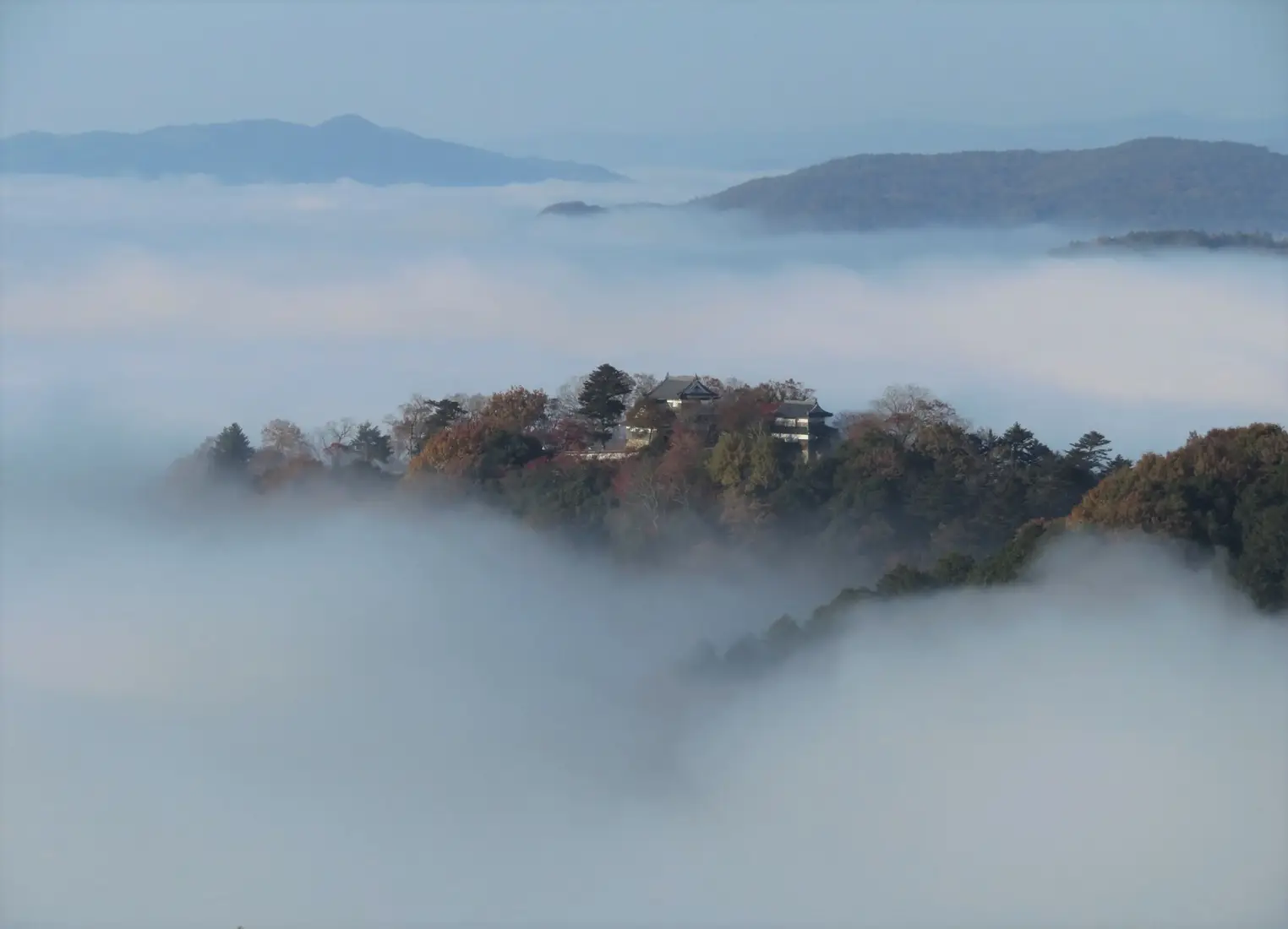 A mountaintop Japanese castle keep rising above a sea of clouds at dawn