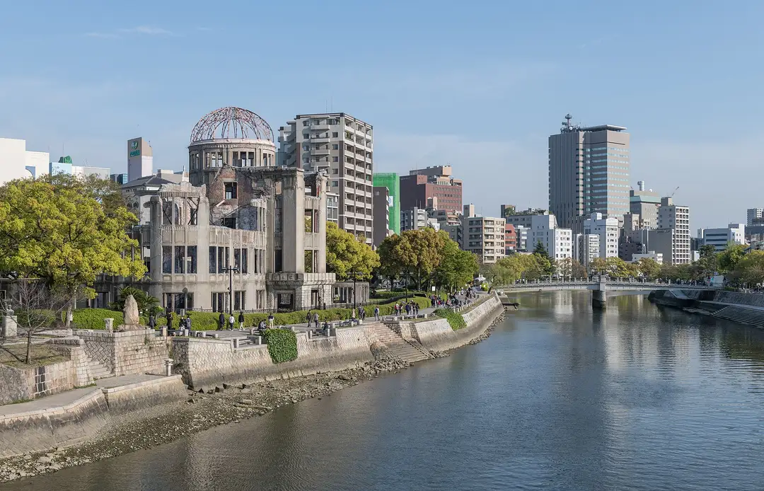 The skeletal Atomic Bomb Dome standing beside the Motoyasu River in central Hiroshima