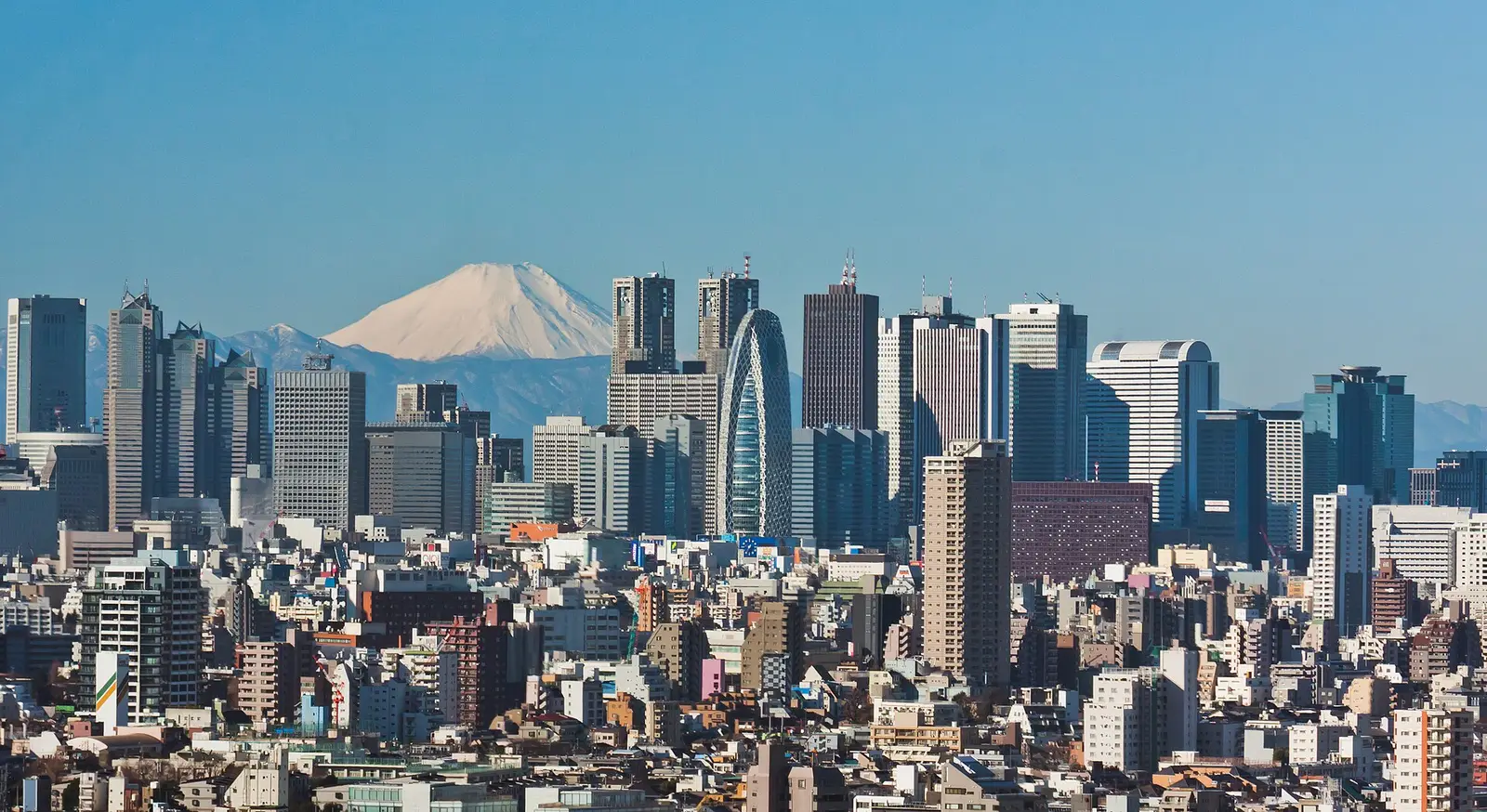 The modern Tokyo side — the Nishi-Shinjuku skyscraper skyline with Mount Fuji rising behind it