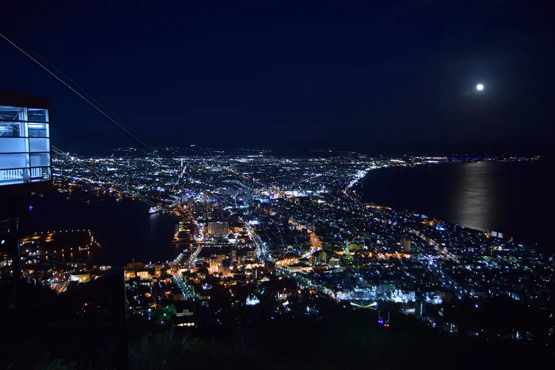 Hakodate's hourglass of city lights between the bay and the strait, seen from Mount Hakodate at night under a full moon
