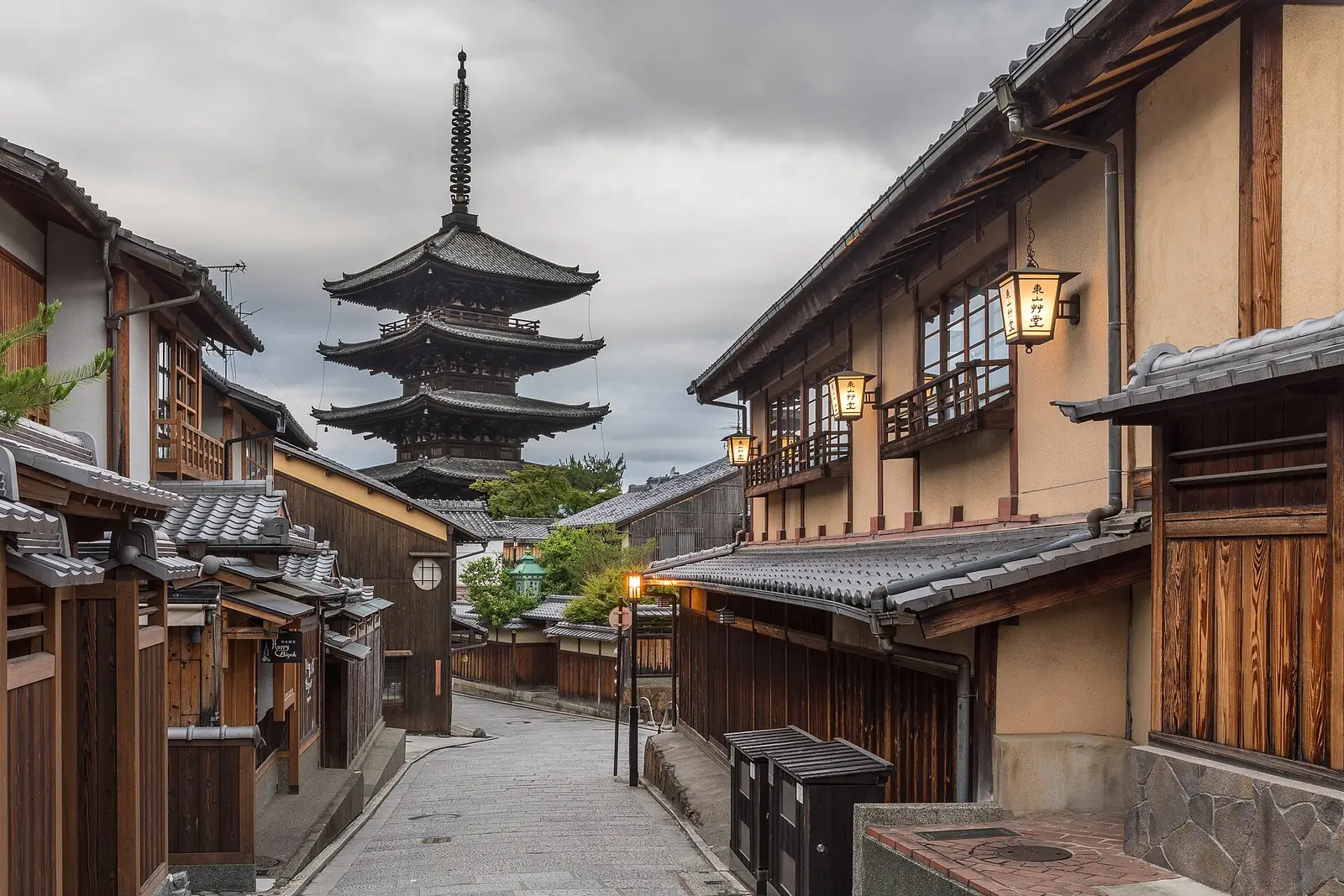 The Yasaka Pagoda rising over a quiet old lane in Higashiyama, Kyoto, at first light