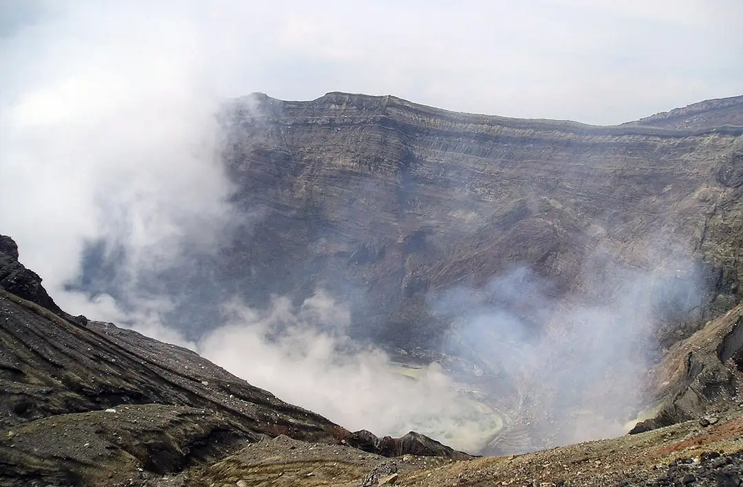 The steaming crater of Mount Aso, a layered volcanic caldera in central Kyushu