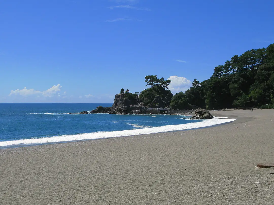The pine-crowned headland and curving Pacific beach of Katsurahama at Kōchi, waves rolling onto the sand below wooded cliffs