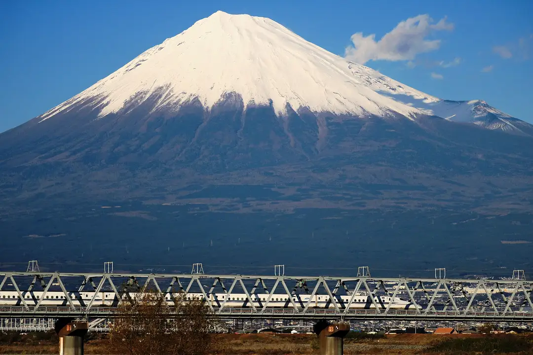 A white Tokaido Shinkansen bullet train passing in front of Mount Fuji