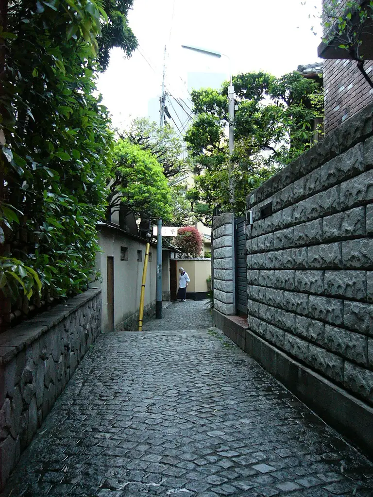 A narrow stone-paved alley in Kagurazaka, Tokyo's former geisha quarter